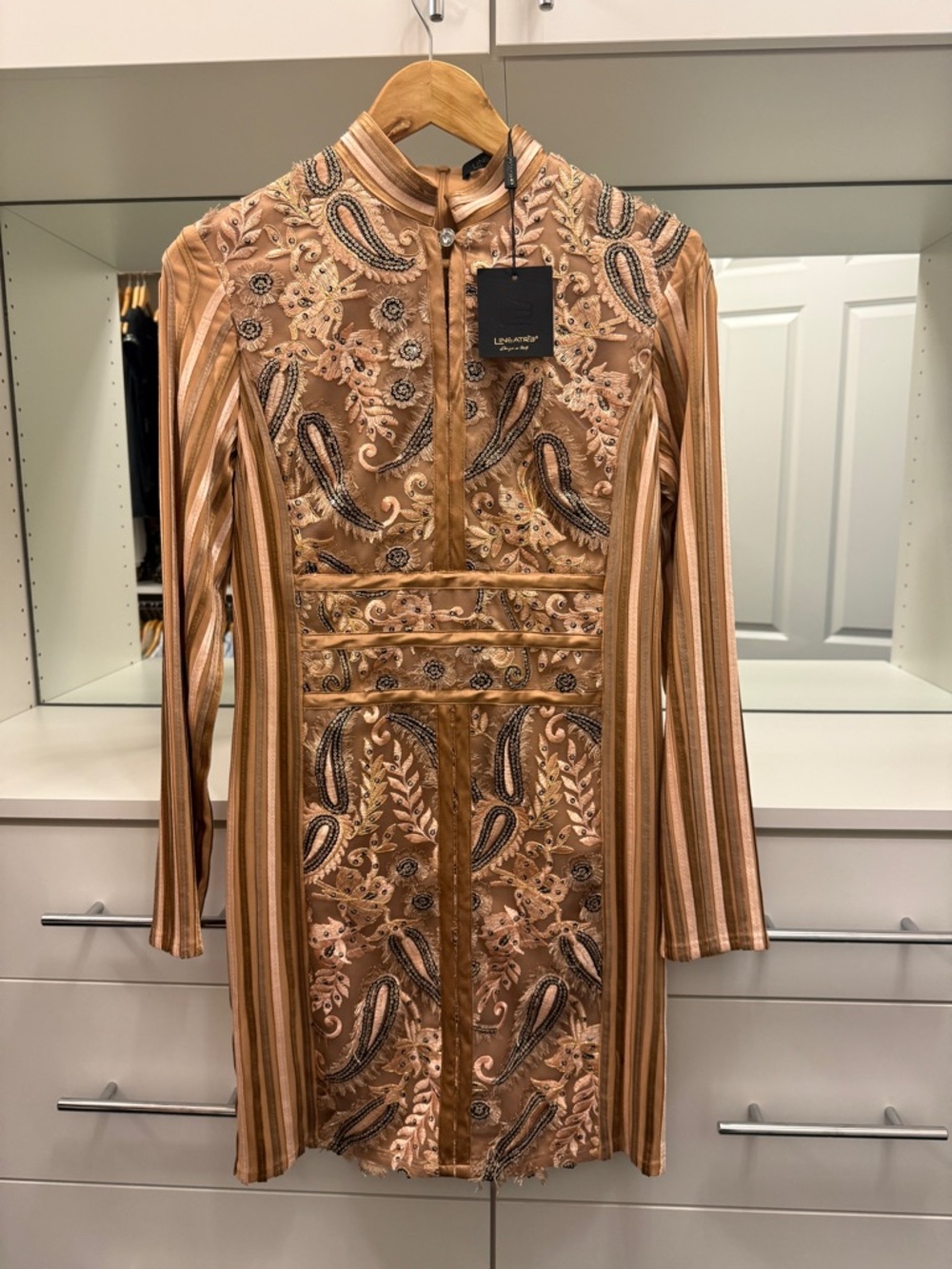 Embellished Paisley Long-Sleeve Mini Dress - Bronze